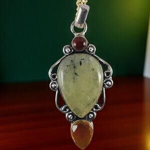 Sterling Prehnite Carnelian Pendant Chalcedony Artisan Gem Necklace 2"